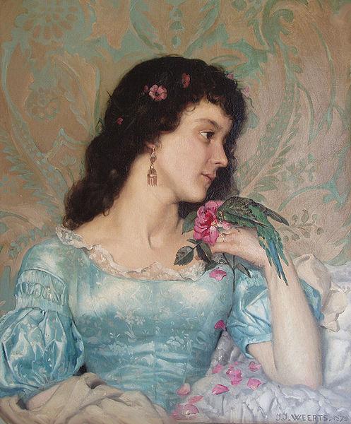 Weerts Jean Joseph Beautiful pensive portrait of a young woman with a bird and flower oil painting image